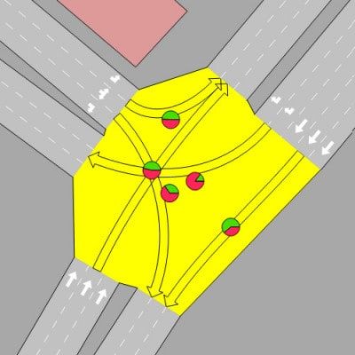 Um guarda-chuva amarelo está na rua com uma maçã vermelha em sua gola e duas maçãs verdes em suas golas, e um quadrado rosa (uma renderização digital: 0,245).