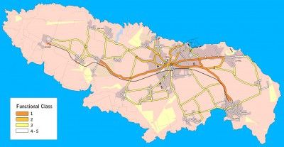 Um mapa de uma cidade com muitas estradas e poucos prédios nela, alguns carros na estrada, e poucos prédios do outro lado do mapa. (uma ilustração de 0,185).
