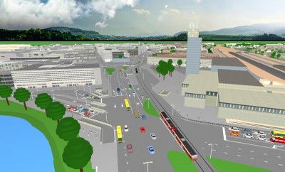 Uma imagem gerada por computador de uma cidade com um rio correndo por ela, um ônibus na estrada em frente e um prédio com uma torre do relógio. (uma renderização digital: 0.909)