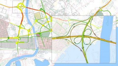 Um mapa de uma cidade com estradas e ruas, com uma linha de linhas verdes no mapa da cidade e o rio no meio, (uma representação digital: 0,465).
