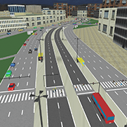 Uma imagem gerada por computador de uma rua da cidade com carros e ônibus nela, e um ônibus vermelho na estrada e um ônibus verde na rua (uma renderização digital: 0.363)