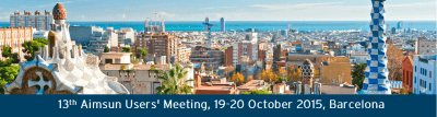 Uma cidade com um céu azul e uma bandeira azul e branca com as palavras "13ª reunião anual de usuários", 29 de outubro, Barcelona, ​​2013, (uma captura de tela: 0,192)