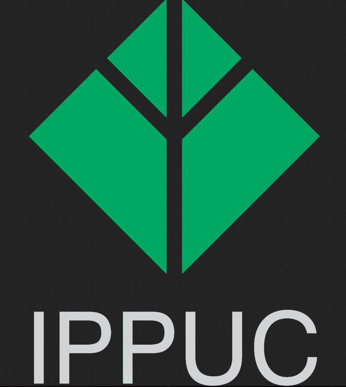 O logotipo do IPPUC em um fundo preto com um diamante verde no centro da imagem e as palavras IPPUC abaixo em branco, (uma renderização computadorizada: 0,255)