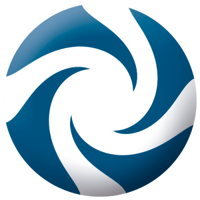 Um logotipo circular azul e branco com um fundo branco e um redemoinho azul e branco no centro do círculo, com fundo branco e uma listra azul e branca (uma renderização de computador: 0,367).