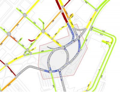 Um mapa de uma cidade com estradas e ruas em diferentes cores e tamanhos, com uma linha vermelha no centro do mapa e uma linha amarela à esquerda, (uma renderização digital:0.430)