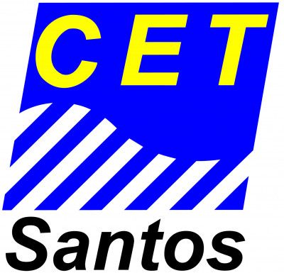 Um logotipo azul e amarelo com as palavras cet santos ao seu lado e uma faixa amarela e azul na parte inferior do logotipo, (uma imagem gerada por computador:0,491)