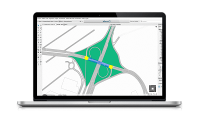 Um laptop com um mapa na tela e uma seta azul apontando para uma interseção verde na tela e uma seta azul apontando para uma seta amarela que aponta para uma interseção verde, (uma representação digital: 0.519)