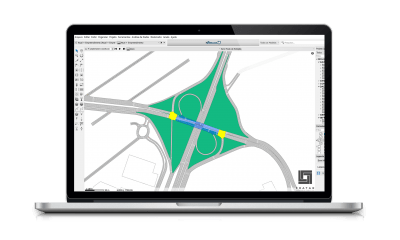 Um laptop com um mapa na tela e um marcador azul na tela que indica a interseção de uma estrada e uma interseção verde com um marcador azul, (uma representação digital: 0,599)