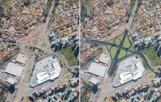 Duas imagens de uma cidade com uma estrada e edifícios nela, e um cruzamento de rua com um prédio no meio da imagem e uma estrada no meio da imagem. (um quebra-cabeça:0,518)