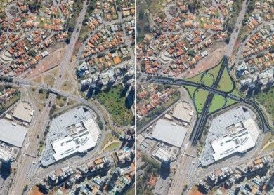 Duas imagens de uma cidade com uma estrada e edifícios nela, e um cruzamento de rua com um prédio no meio da imagem e uma estrada no meio da imagem. (um quebra-cabeça:0,518)