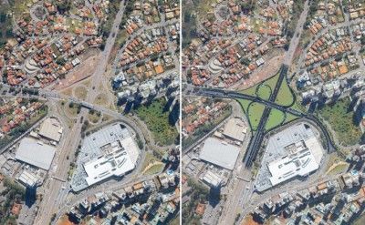Duas imagens de uma cidade com uma estrada e edifícios nela, e um cruzamento de rua com um prédio no meio da imagem e uma estrada no meio da imagem. (um quebra-cabeça:0,518)