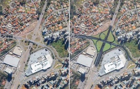 Duas imagens de uma cidade com uma estrada e edifícios nela, e um cruzamento de rua com um prédio no meio da imagem e uma estrada no meio da imagem. (um quebra-cabeça:0,518)