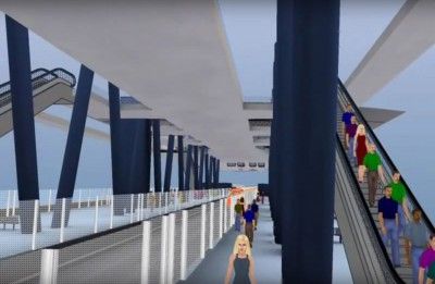 Um grupo de pessoas caminhando por uma ponte sobre a água com o fundo do céu e uma passarela levando a outra passarela com um corrimão no topo, (uma renderização digital: 0,931)
