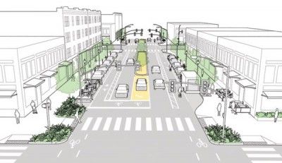 Um desenho de uma rua da cidade com uma luz amarela na esquina dela e uma luz amarela na placa de sinalização da rua na esquina da rua, (uma renderização digital: 0,883)