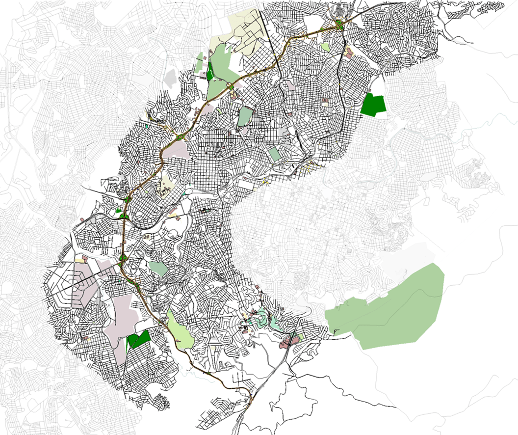Um mapa de uma cidade com áreas verdes e uma área verde no centro do mapa, (uma ilustração de: 0,231)