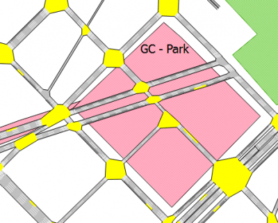 Um mapa de um parque com alguns quadrados e linhas coloridos diferentes, e uma linha de quadrados amarelos e rosa no mapa do parque, (um diagrama em wireframe: 0.330)