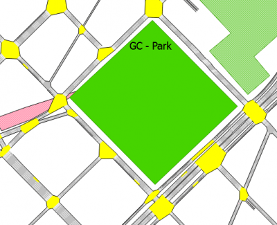 Um mapa de um parque com um campo verde no centro e quadrados amarelos no centro do mapa e um quadrado rosa no meio, (uma renderização de computador: 0,236)