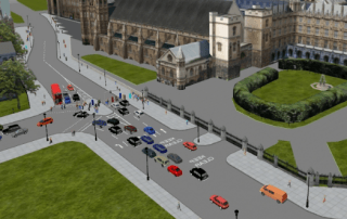 Uma imagem gerada por computador de uma cidade com um gramado verde e um ônibus vermelho na estrada, e um prédio com uma torre de relógio ao fundo (uma renderização digital: 0,894).