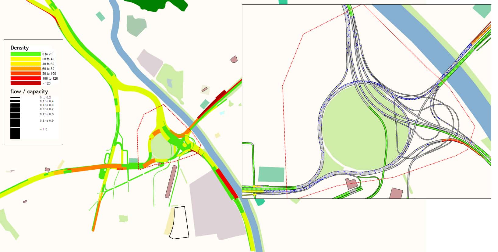 Um mapa de uma cidade com muitas estradas e ruas, e uma fila de tráfego na estrada com uma barra de cor indicando a direção (uma representação digital: 0,413).
