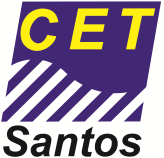 Uma logomarca para uma empresa chamada CET Santos, com uma faixa roxa e amarela na parte inferior e uma faixa amarela e branca na parte superior da logomarca, (uma representação de computador:0,297).