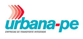 O logotipo da empresa Urbana PE, que é em língua espanhola e tem uma faixa vermelha e azul na parte inferior do logotipo, (um tom pastel: 0,237).
