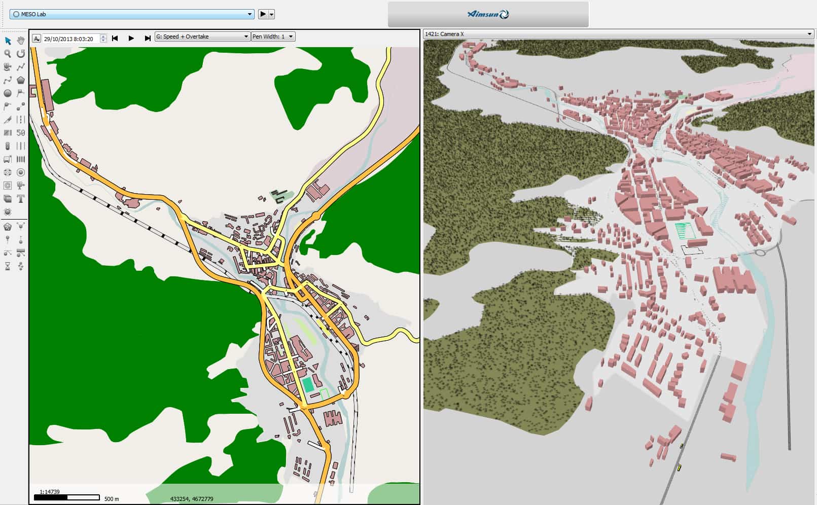Aimsun2d3d Um mapa de uma cidade e um mapa de uma vila com uma área verde no centro do mapa e um mapa de uma área vermelha no centro do mapa (uma captura de tela: 0,911).