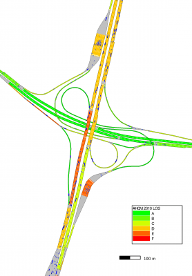 Um diagrama de uma estrada com várias faixas e um semáforo em cima dela, e uma fila de tráfego passando pelo centro da estrada, (uma renderização digital: 0,827)