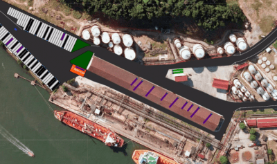 Um grande corpo de água com um piano deitado de lado e um barco na água ao seu lado e uma barcaça na água (uma representação digital: 0,672).