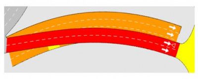 Um desenho de uma estrada curva com uma linha vermelha atravessando-a e uma linha amarela atravessando-a com uma linha vermelha atravessando e uma linha amarela atravessando o centro, (uma ilustração de: 0,317)