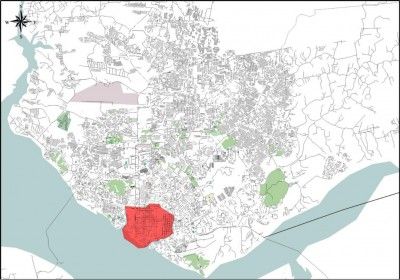 Um mapa da cidade de Londres com uma área vermelha destacada no meio do mapa e uma área preta destacada no meio do mapa, (uma representação digital:0,242)