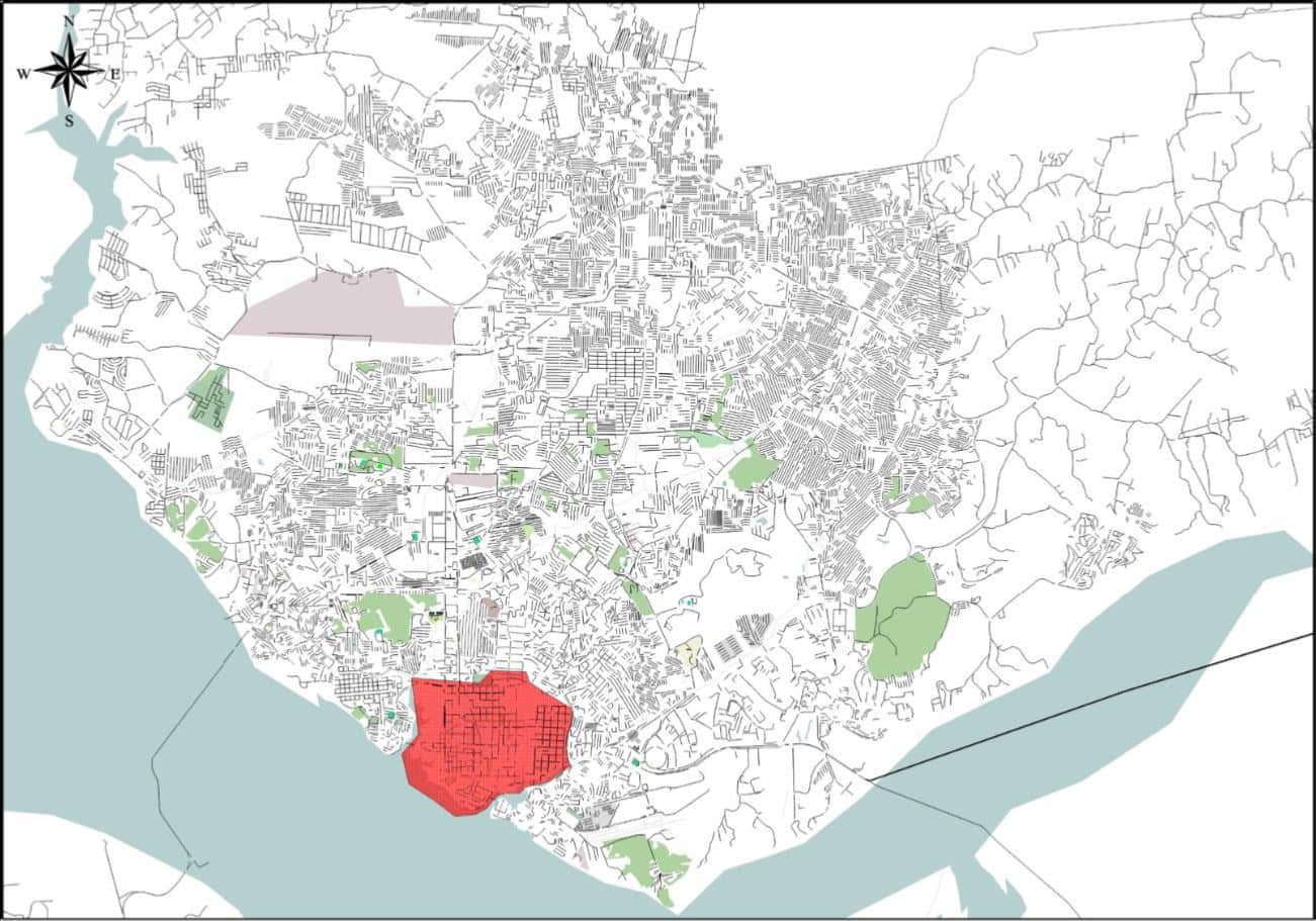 Um mapa da cidade de Londres com uma área vermelha destacada no meio do mapa e uma área preta destacada no meio do mapa, (uma representação digital:0,242)