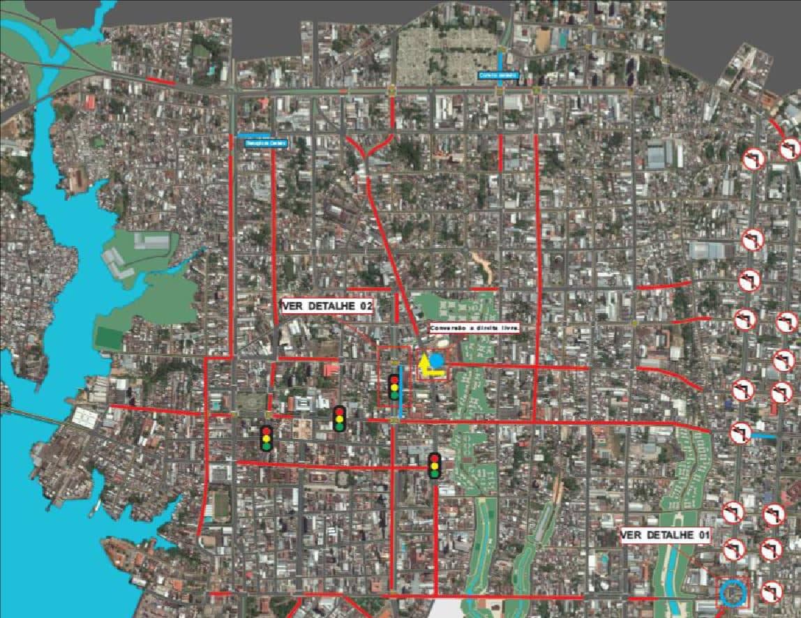 Um mapa de uma cidade com muitas linhas vermelhas e uma linha amarela no centro, (uma captura de tela: 0,665)
