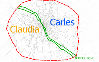 Um mapa da cidade de Cauadia com o nome da área marcada em azul e o nome da cidade em vermelho e o mapa da área marcado nas áreas, (ilustração de: 0,359)