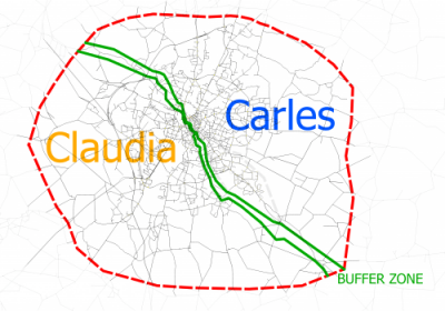 Um mapa da cidade de Cauadia com o nome da área marcada em azul e o nome da cidade em vermelho e o mapa da área marcado nas áreas, (ilustração de: 0,359)