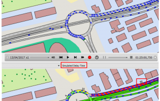 Uma captura de tela de um mapa com uma rotatória e um mapa de estrada com um círculo vermelho e um círculo verde, com um círculo vermelho e um círculo azul. (Captura de tela: 0,856)