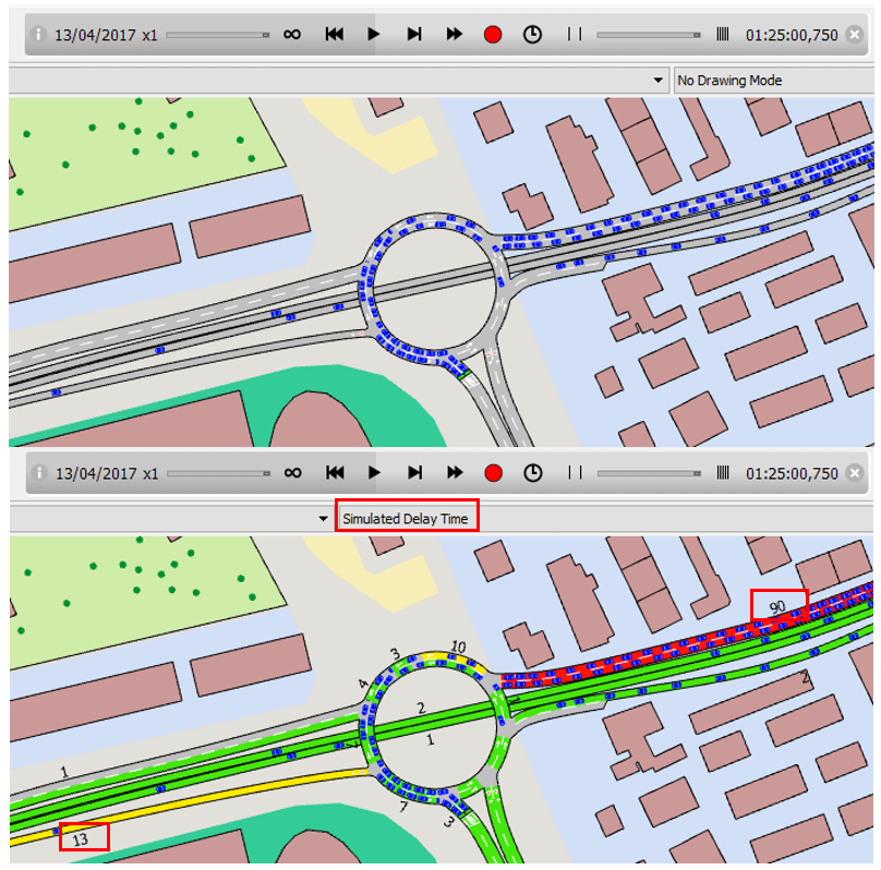 Uma captura de tela de um mapa com uma rotatória e um mapa de estrada com um círculo vermelho e um círculo verde, com um círculo vermelho e um círculo azul. (Captura de tela: 0,856)