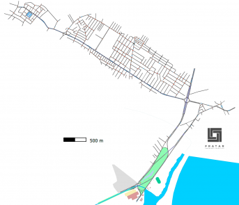 Um mapa de uma cidade com uma linha azul nele e uma linha verde no mapa de uma cidade com uma linha vermelha nele e uma linha azul no mapa. (Uma representação digital: 0,230)