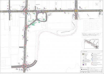 Um mapa de uma rua com um monte de tráfego nela e alguns prédios do outro lado da rua e alguns carros na estrada, (uma representação digital:0.598)