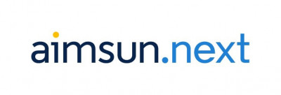 O logo para a empresa, chamada de "Aims Next", apresenta um sol ao lado e um círculo azul e amarelo sobre ele. (Uma foto de estoque: 0,302)