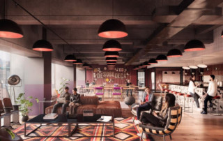 Uma grande sala aberta com muitos móveis e pessoas ao redor e uma grande janela com vista para a cidade fora da sala. (uma representação digital: 0,888)