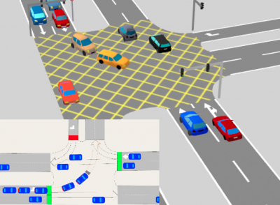 Uma imagem gerada por computador de uma rua com carros e uma faixa de pedestres no meio da rua. (uma renderização digital: 0,474)
