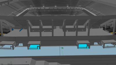 Uma renderização em 3D de um estádio com um fundo de céu azul e alguns bancos e mesas no centro da área do estádio, com um fundo de céu azul, (uma renderização de computador:0.679)