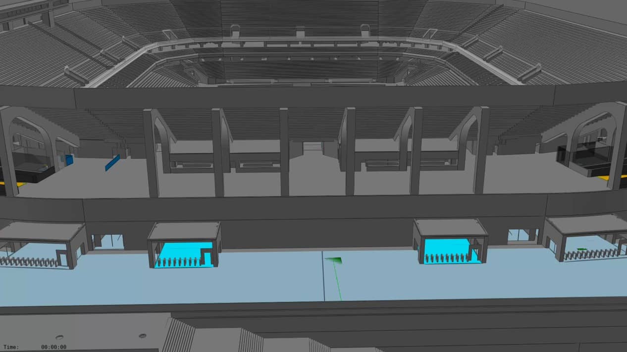 Uma renderização em 3D de um estádio com um fundo de céu azul e alguns bancos e mesas no centro da área do estádio, com um fundo de céu azul, (uma renderização de computador:0.679)