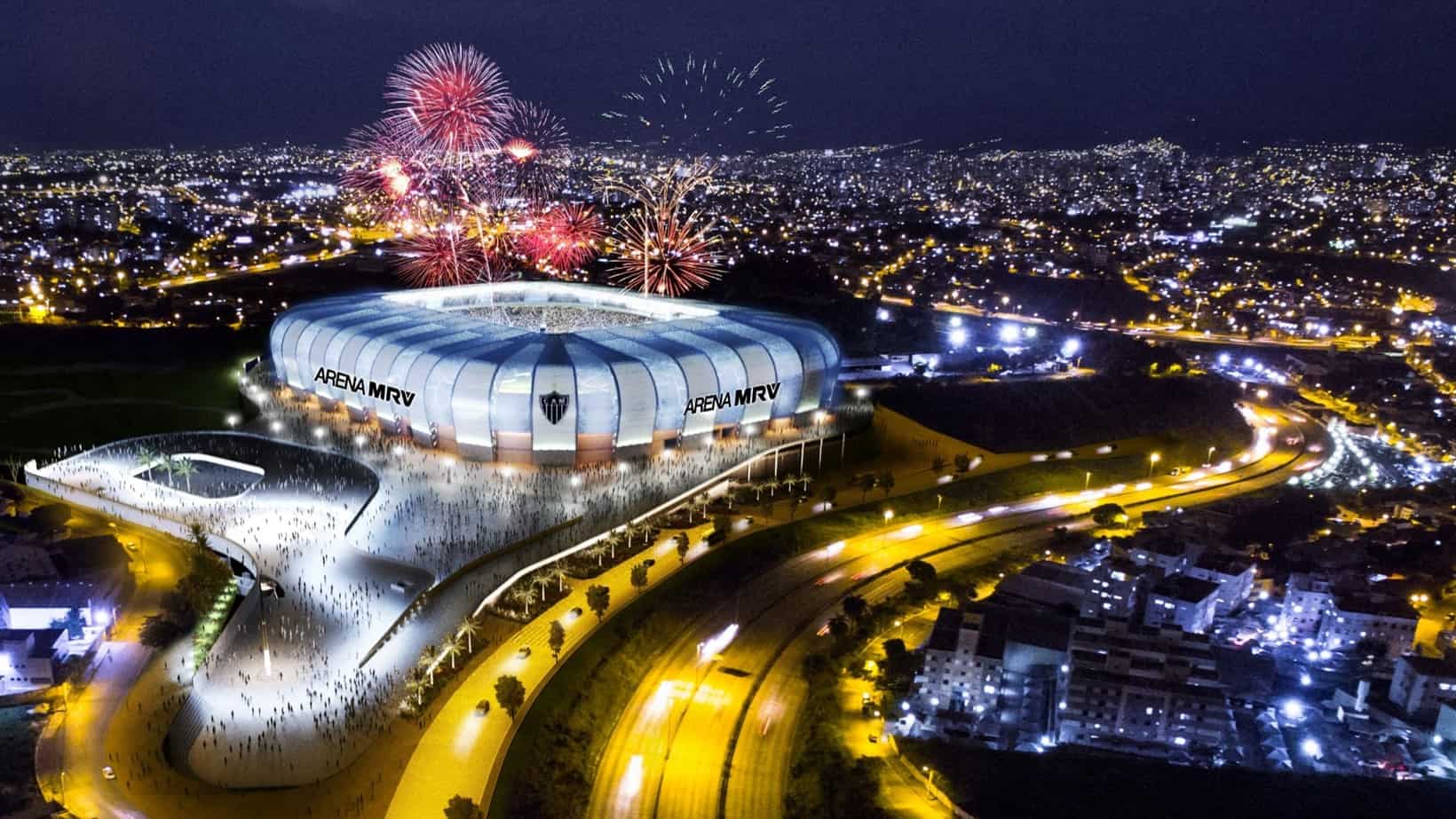 Um estádio com fogos de artifício no céu e um grande prédio com uma cúpula em cima à noite, com a linha do horizonte da cidade ao fundo. (uma representação digital: 0,660)