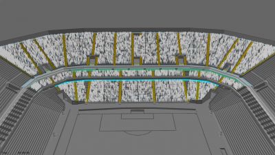 Uma representação de um estádio com um grande campo e uma quadra de basquete no centro, e uma quadra de basquete no meio do centro do campo, (uma renderização digital: 0.544)
