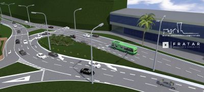Uma imagem gerada por computador de uma rua com um ônibus e carros nela e uma palmeira ao fundo com uma placa que diz "Fraat", (uma renderização digital:0.932)
