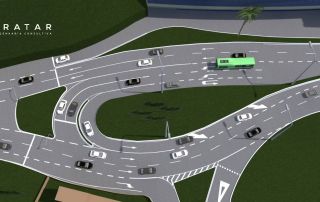 Uma imagem gerada por computador de uma interseção de estradas com carros e caminhões nela e um prédio ao fundo com uma palmeira em primeiro plano, (uma renderização digital: 0.928)