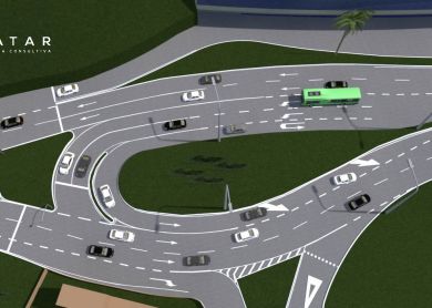 Uma imagem gerada por computador de uma interseção de estradas com carros e caminhões nela e um prédio ao fundo com uma palmeira em primeiro plano, (uma renderização digital: 0.928)