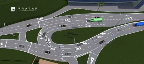 Uma imagem gerada por computador de uma interseção de estradas com carros e caminhões nela e um prédio ao fundo com uma palmeira em primeiro plano, (uma renderização digital: 0.928)