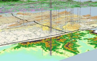 Uma imagem gerada por computador de um mapa de um lago e área terrestre com uma grande quantidade de água e cobertura terrestre ao fundo e uma linha de terra com um, (uma renderização digital:0,583).